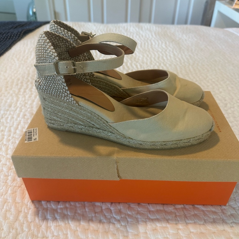 Castaner Cream Canvas Espadrille Wedge Sandals with Ankle Strap - Picture 6 of 7